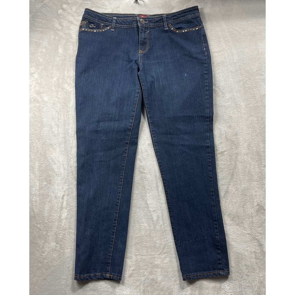Sassoon Straight Leg Jeans Women 14 Blue Indigo Studded Rhinestone‎ Stretch